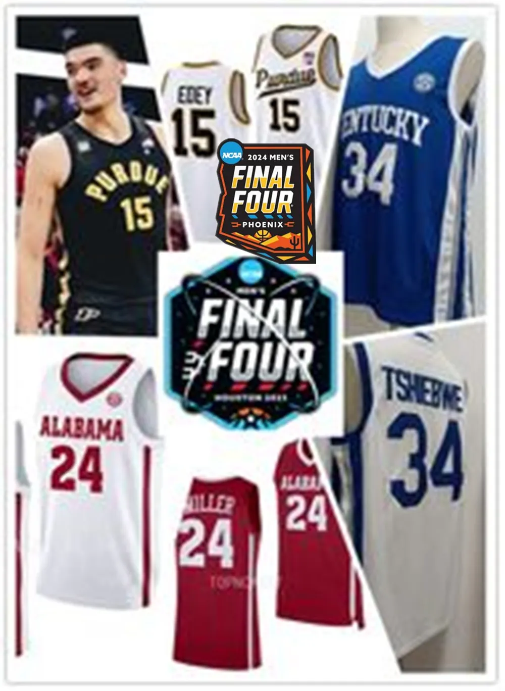 Zach Edey 2024 Final Four Purdue Boilermakers Basketball Jersey Stitched #34 Oscar Tshiebwe Kentucky Wildcats #24 Brandon Miller Alabama Crimson Tide Jerseys