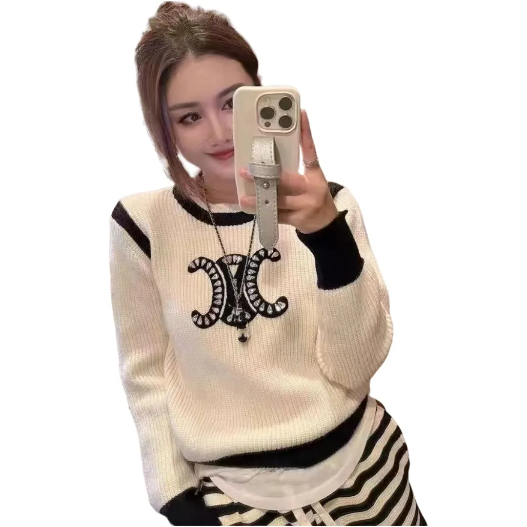 Женский вязаный свитер с длинными рукавами и вышивкой логотипа, с круглым вырезом и цветными блоками, стразами, SML