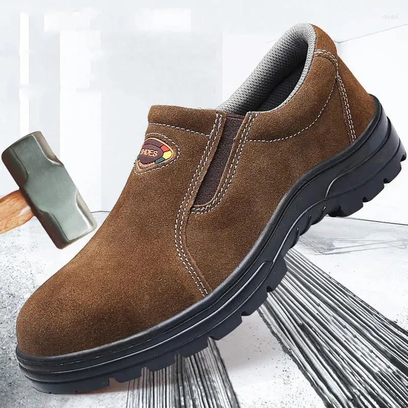 Stivali da uomo Copri punta in acciaio traspirante alla moda Scarpe antinfortunistiche da lavoro Slip-on in pelle scamosciata di mucca Protezione sicura per i lavoratori