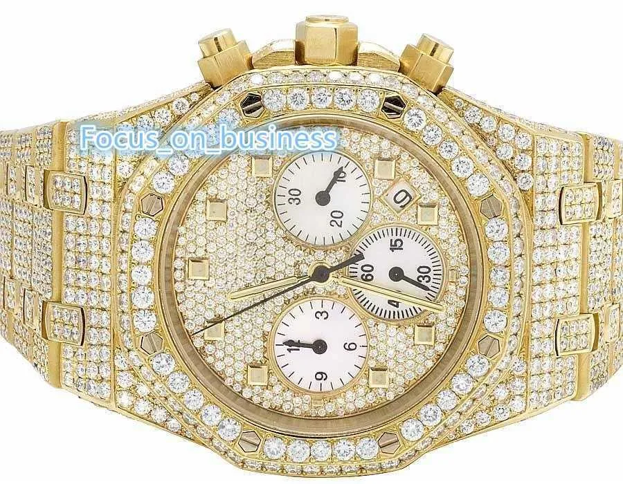 Reloj de oro amarillo de acero inoxidable completo para hombre con diamantes de moissanita simulados Hip Hop helado Hip Hop con diamantes de moissanita completamente helados