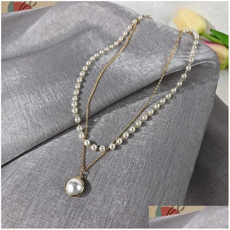 Pendant Necklaces 2022 Vintage Irregar Pearl Jewelry Gold Plated Chunky Link Chain Layered For Women Ladies Necklace Drop Delivery Pen Dhq4P