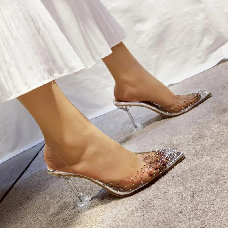 Dress Shoes Sandals Women Platforms High Heel Point Transparent Single Crystal Stiletto Summer Heels Women'S Casual Cork