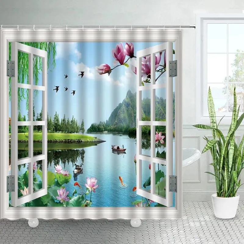 Shower Curtains Outside The Window Spring Landscape Pink Flowers Green Plants Asian Chinese Style Decor Bathroom Curtain Hooks