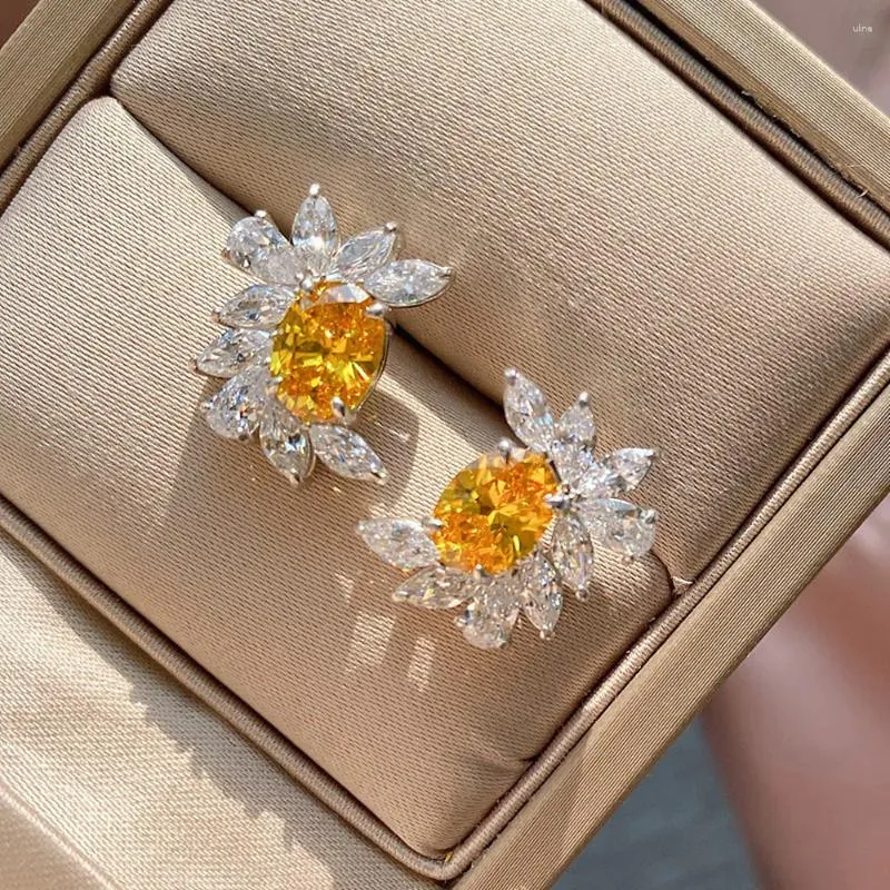 Brincos de parafuso prisioneiro bling amarelo cristal citrino pedras preciosas diamantes flores para mulheres branco ouro prata cor jóias acessórios presente