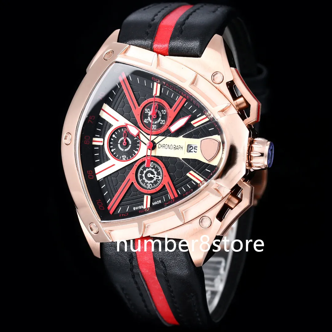 Kwarc chronograf sportowy samochód męski zegarek różowy złotą tarczę kształt ponadwymiarowy luksusowe zegarki szafirowe kryształowy trójkąt projektant na rękę 46 mm