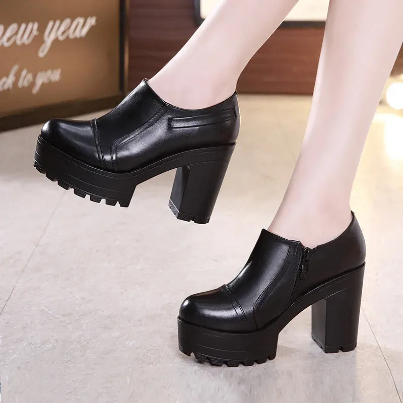 Pumps Women High Heels Autumn and Winter Black Work Shoes Thick Sole Waterproof Platform Round Toe Large Size 3243 Thick Heels Female