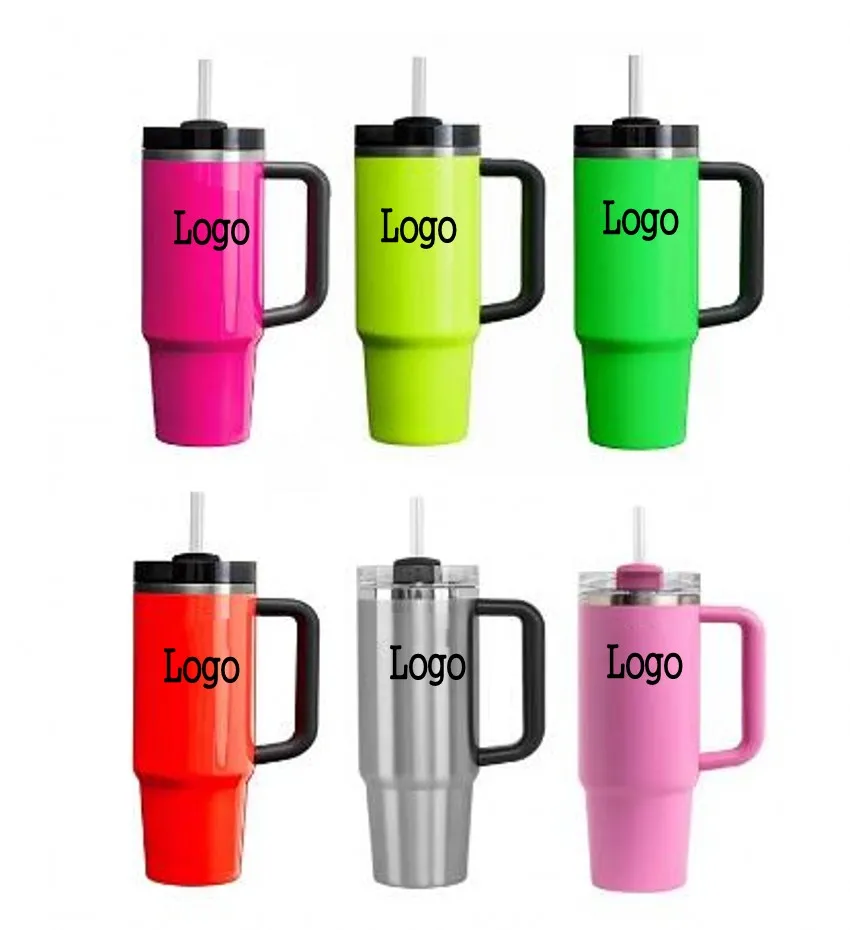 DHL Pink Flamingo 40oz H2.0 Stainless Steel Tumblers Cups With Silicone Handle Lid and Straw Big Capacity Car Mugs Vacuum Insulated Water Bottles