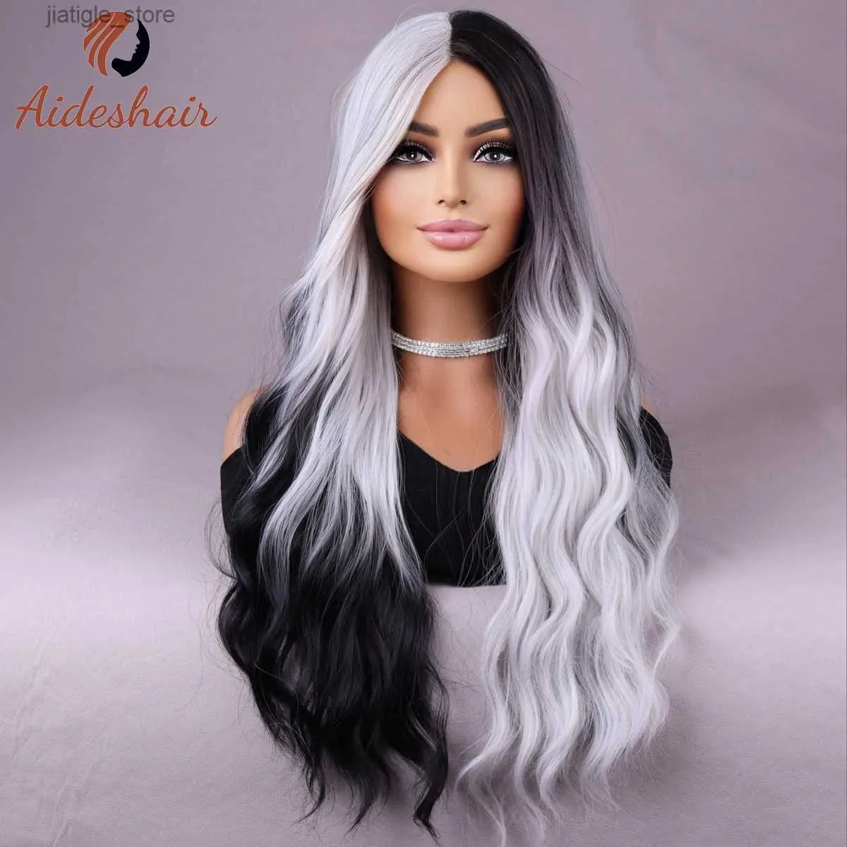 Wigs sintetici Wigs Network European e American Falle Hair Celebrity Womens Doppio mais lungo in bianco e nero Hot in the Water Ripple Hallowee Y240401