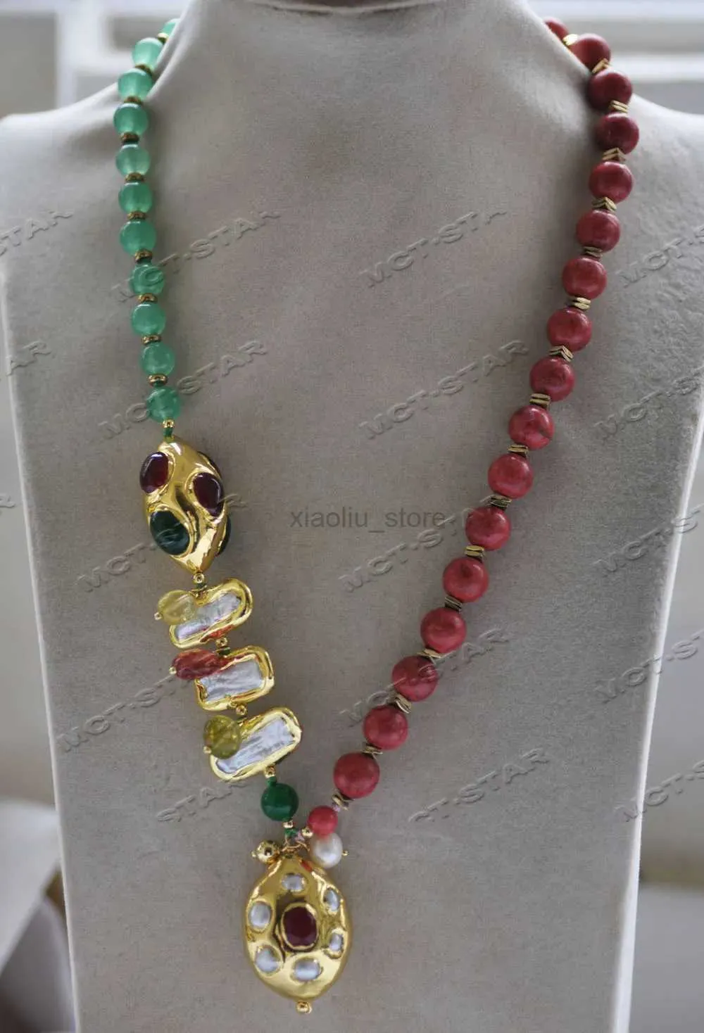 Pendant Necklaces Z12591 20 30mm Green Jade Red Coral Gold-Plated Bead Necklace CZ Pendant 240401