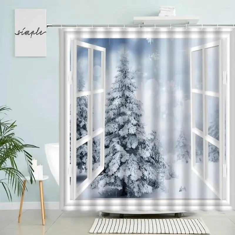 Shower Curtains Winter Window View Curtain Forest Trees Snow Natural Scenery Year Merry Christmas Bathroom Decor With Hooks Screen