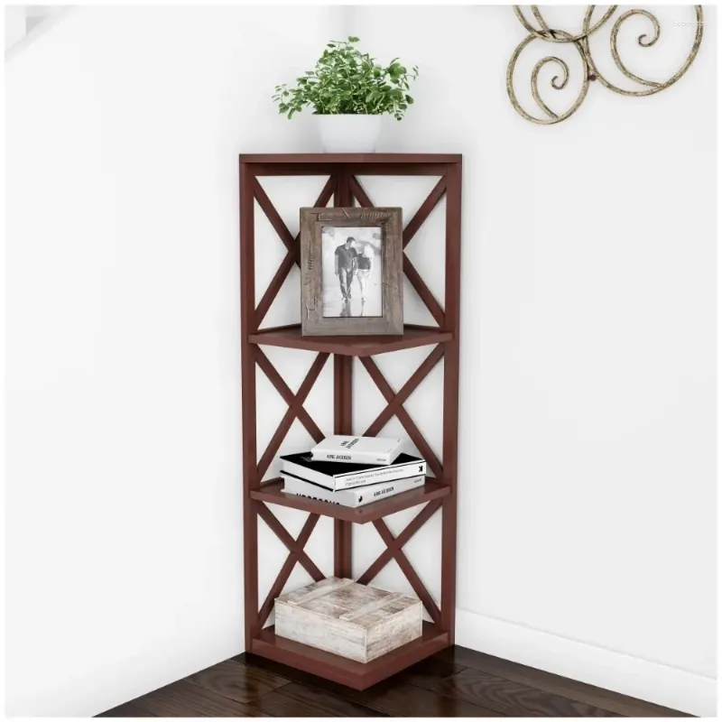 Decorative Plates 4-Shelf Corner Bookcase- Open Criss-Cross Style For Decoration Room Decor Storage In Home And Office (Brown) Freight Free
