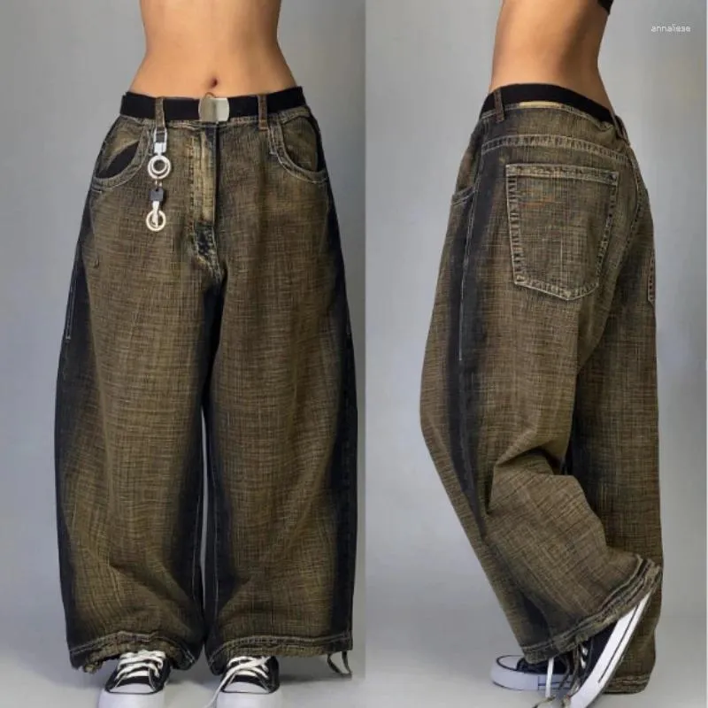 Kvinnors jeans 2024 Retro Zeep High Street Hip-Hop Baggy Y2K Harajuku Gothic midja bär byxor kläder