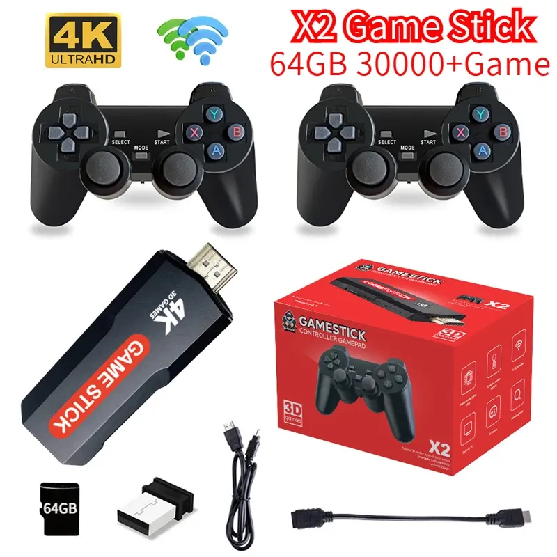 Consoles x2 Game Stick Retro Electronic Game Console avec 30000 Builtin Game 64 Go WiFi 2.4G HD 4K prend en charge 40 émulateurs N64 GBA GAME