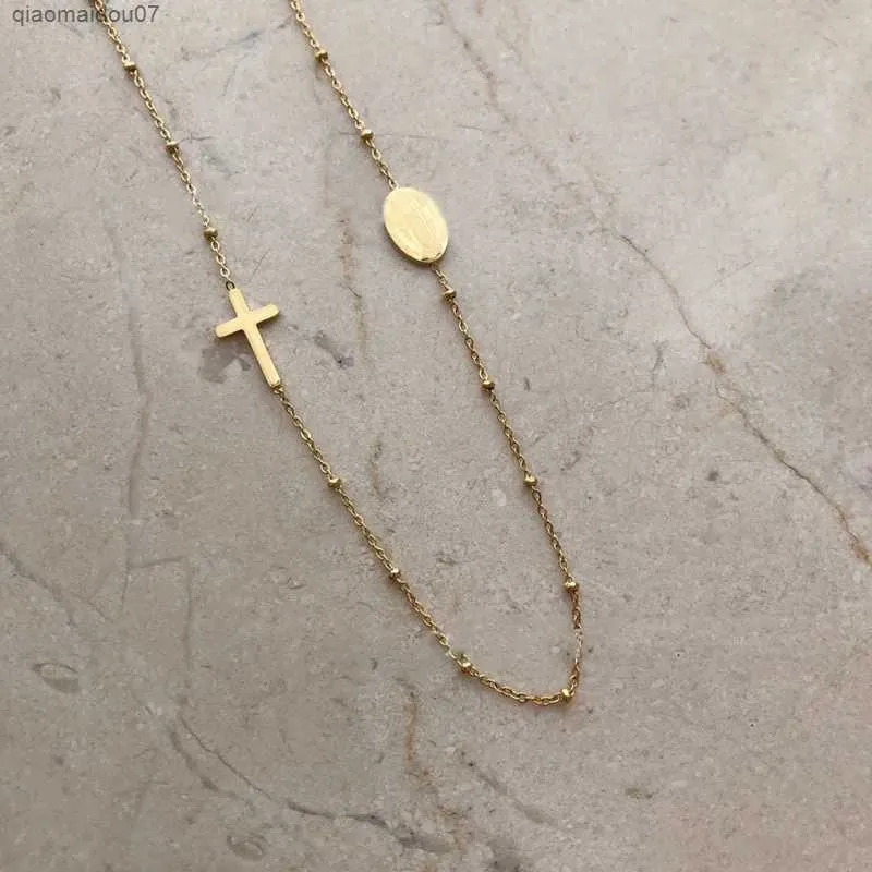 Pendant Necklaces Virgin Mary shaped pendant Jesus cross ball necklace steel chain gold plated irregular female accessory jewelryL2404