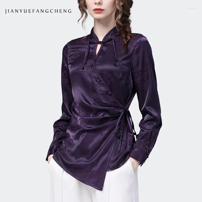Женские блузки, винтажные женские фиолетовые жаккардовые атласные блузки с длинным рукавом и воротником-стойкой, весенне-летние топы, модные утягивающие нерегулярные шнуровки