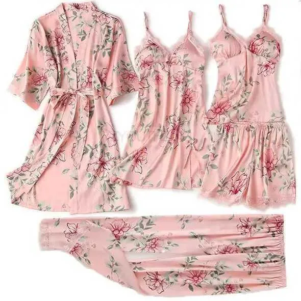 FVG7 SEXY PAJAMAS PAJAMA Juego de mujeres Lace Lace Trim Satin Sleepwear Pajamas Pour Femme Summer Nightwear con pantalones casuales Casa ropa Kimono Boll