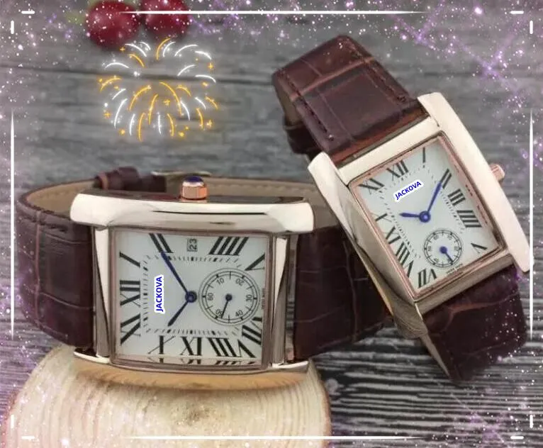 Fashion Women Men Two Half Pins DAY-DATE Designer Watches Quartz Movement Time Clock Lady Square Tank Stainless Steel Case Leather Strap Analog Casual Watch Gifts