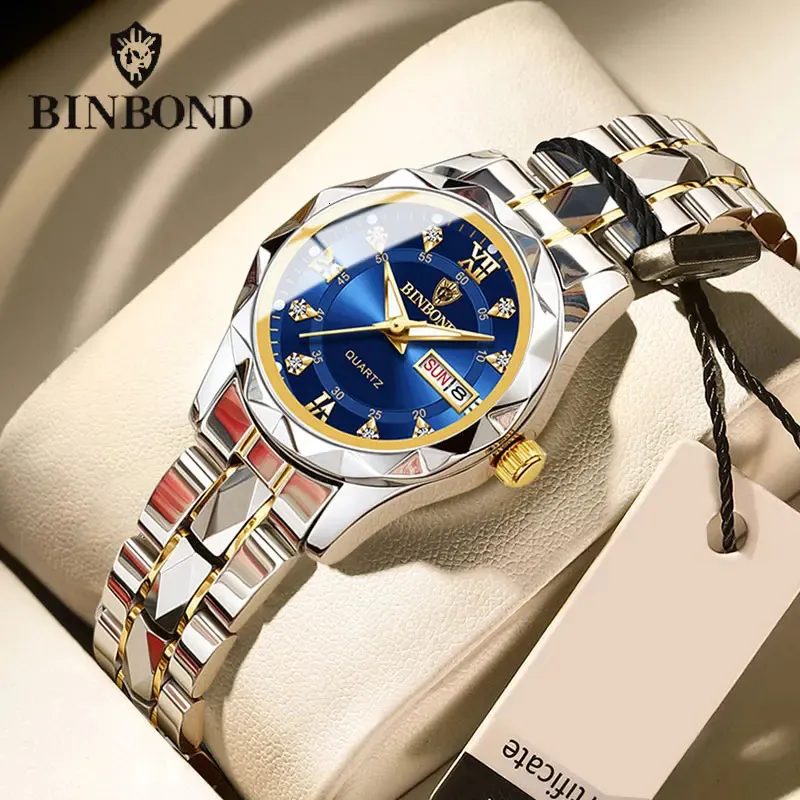 BINBOND B2521 Лучший бренд класса люкс Модные деловые женские кварцевые часы 30 м Водонепроницаемые часы с датой недели Спортивные наручные часы 240322