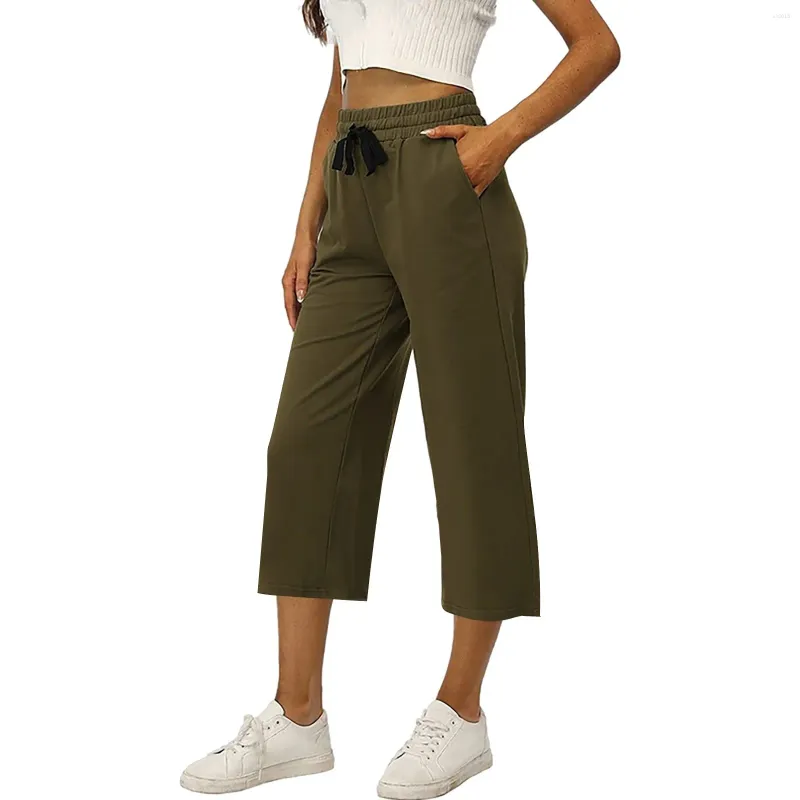 Pantalons d'été pour femmes, couleur unie, pantalons de survêtement, cordon de serrage, taille élastique, décontracté, Streetwear, Sport, jambes larges, Cargo, Capris pour femmes