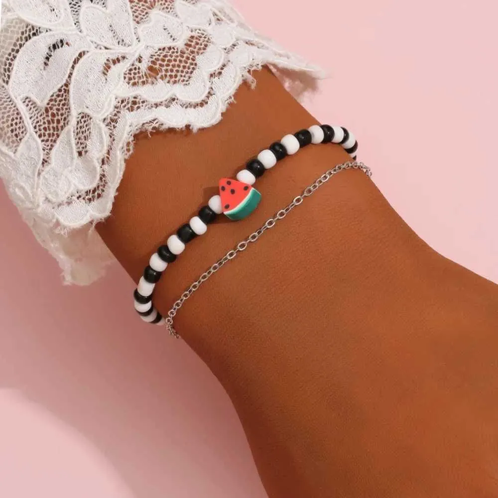 Keten Gekleurde Fruit Kralen Armband Womens Watermeloen Ananas Bloem Kralen Armband Mode-sieraden AM3492 Q240401