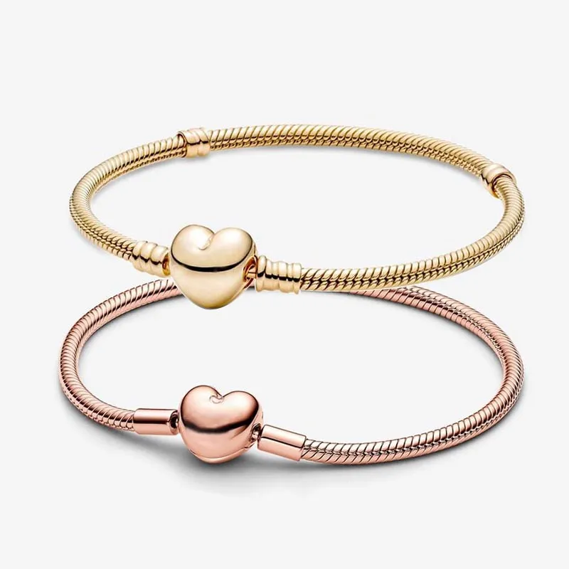 Gold Heart Clasp Snake Chain Armband Pandoras 925 Sterling Silver Designer Moments Charm Armband Kvinnor Girls Bröllop Smycken Lyxarmband med originallåda