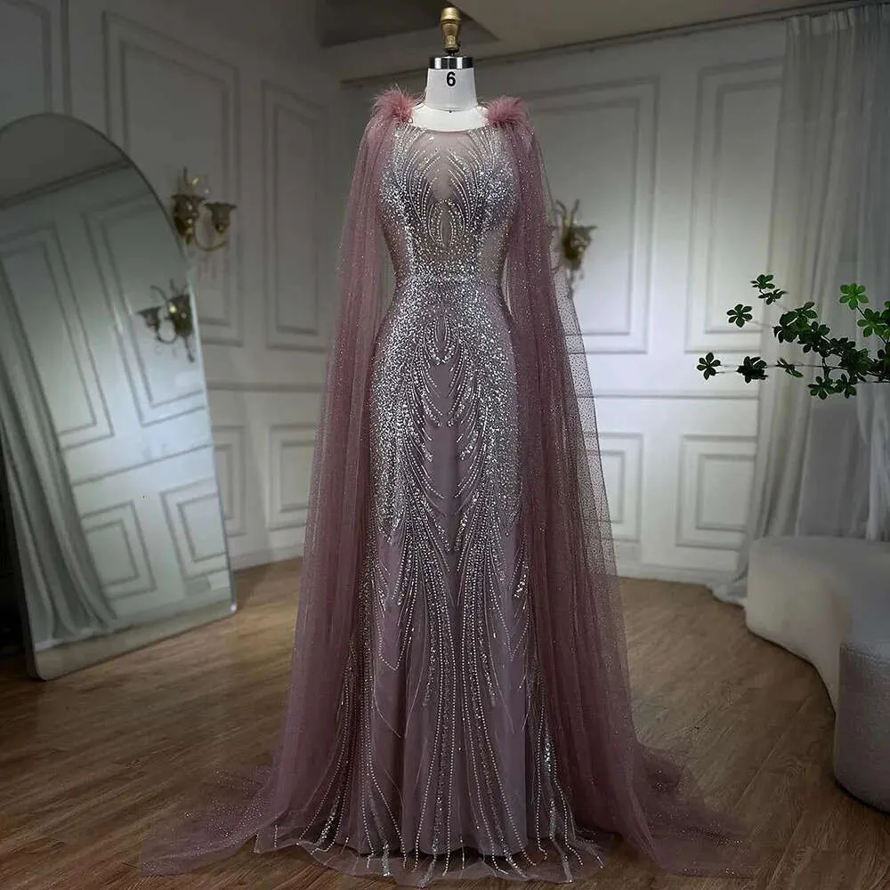 Hill – robe de soirée sirène rose sereine, arabe, avec plumes élégantes, manches cape perlées, pour femmes, fête BLA A