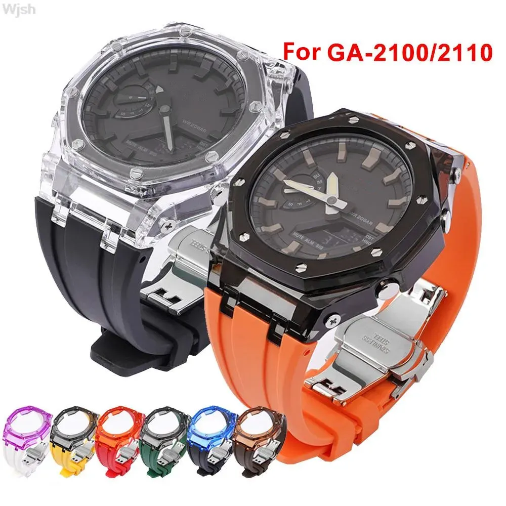 구성 요소 GA2100 GSHOCK GA2100 2110 고무 시계 밴드 투명한 PC 케이스 메탈 버터 플라이 버클 액세서리를위한 교체 스트랩