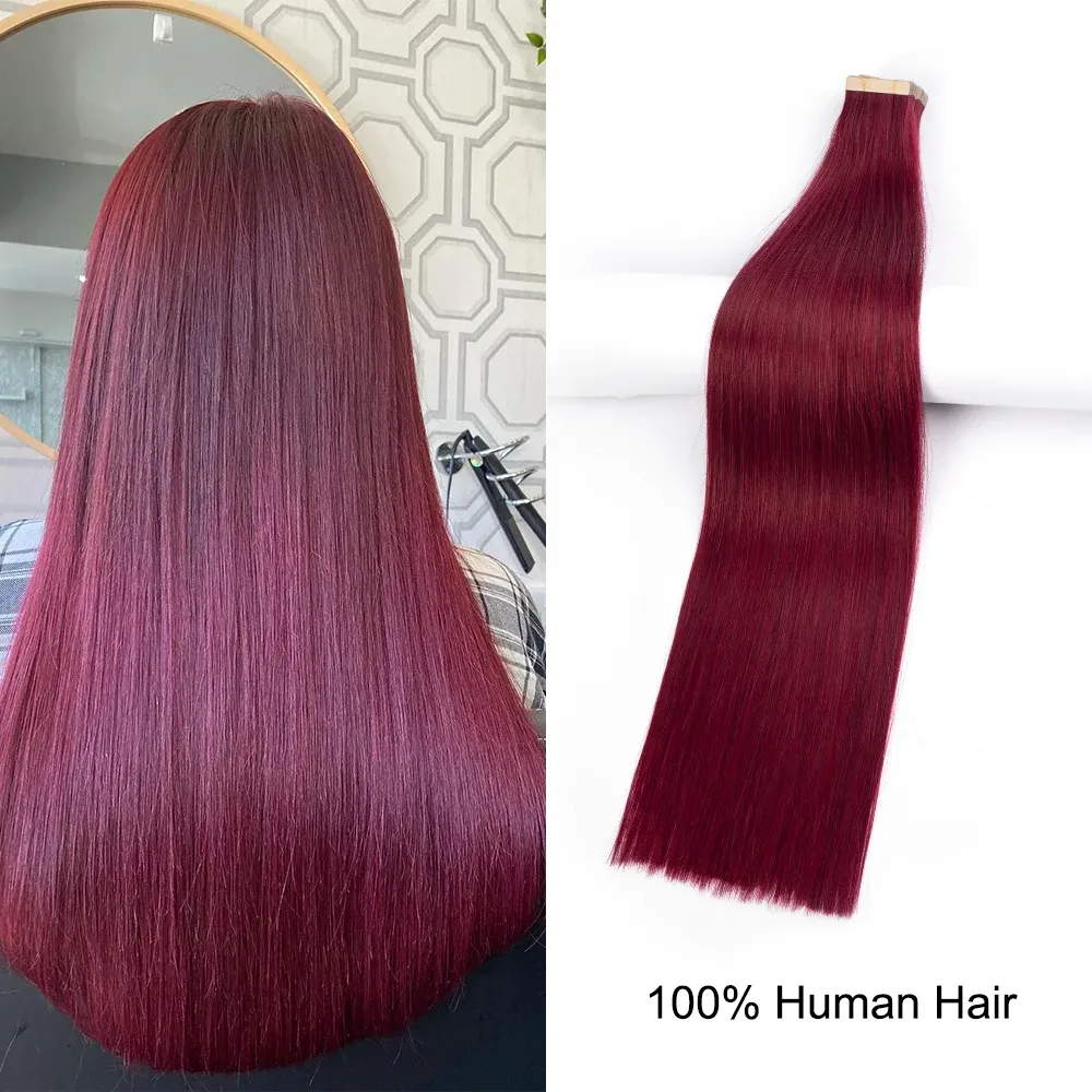 Extensions ShowCoco Tape In Human Hair Extension 100% Human Hair Color 99J Thick Ends Double Drawn Straight Remy 14"24" High Density