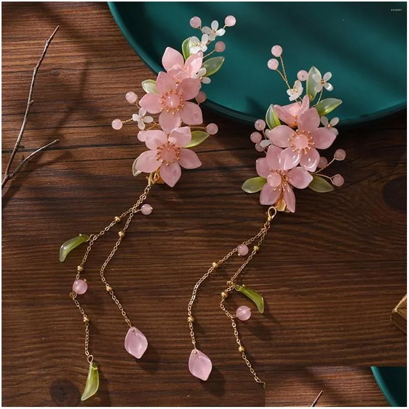 Haarspangen Haarspangen 2 Stücke Chinesische Haarnadeln Antiker Schmuck Blume Rosa Anhänger Frühling Clip Ornamente Zubehör Für Braut Mädchen Drop Otqgp