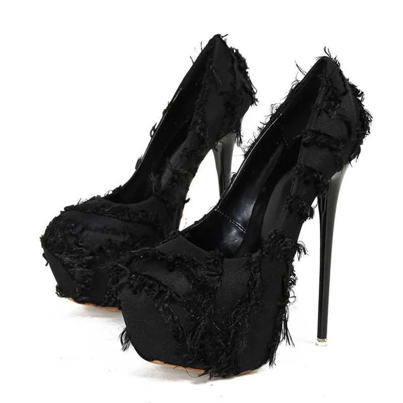 Klänningskor 2024 Spring Slingback Shoes Women Black White Fluffy Feather Round Toe Strip Pole Dance Extreme High Heels Platform Pumpar H240401DWIP