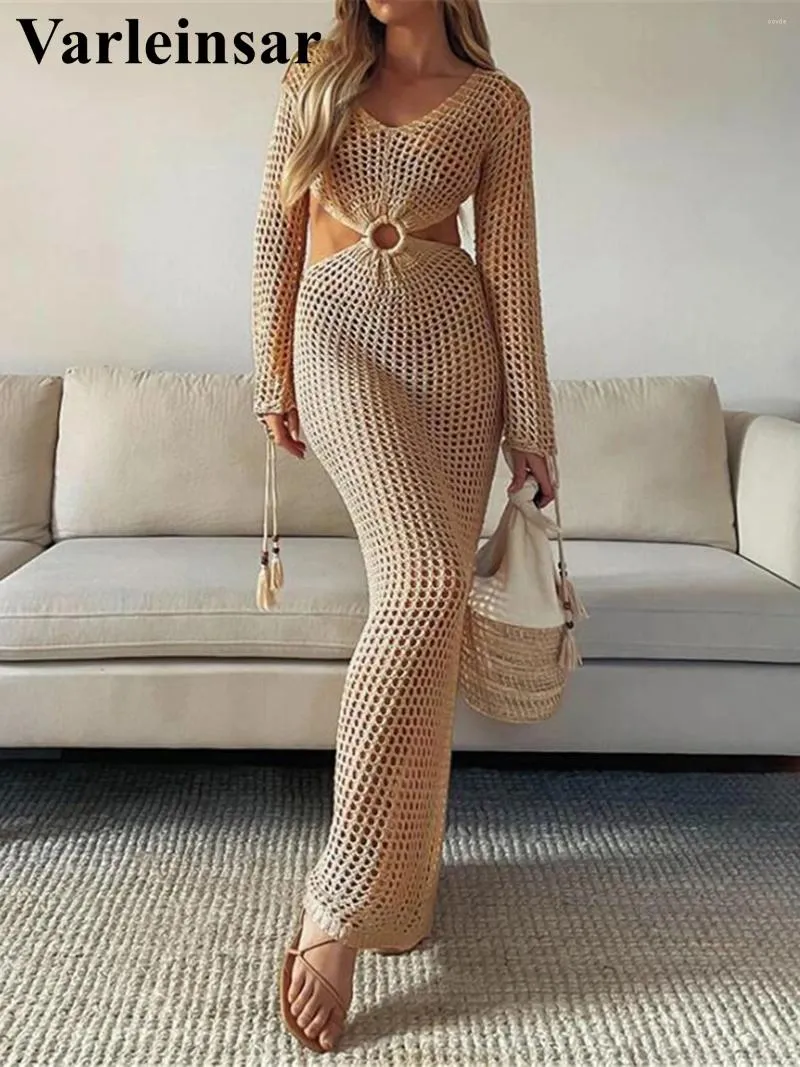 - XL manches longues évider Crochet tricoté tunique plage cache-up robe vêtements de plage femme femmes V5322
