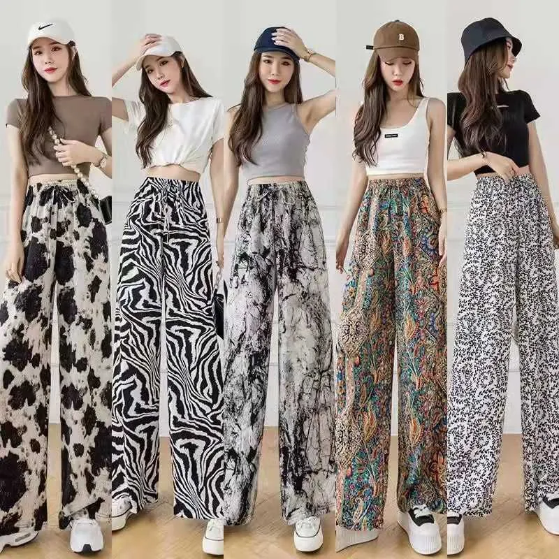 Womens Summer New Loose Lace-up Ink Painting Casual Pants Tie-dye Ice Silk Wide-leg
