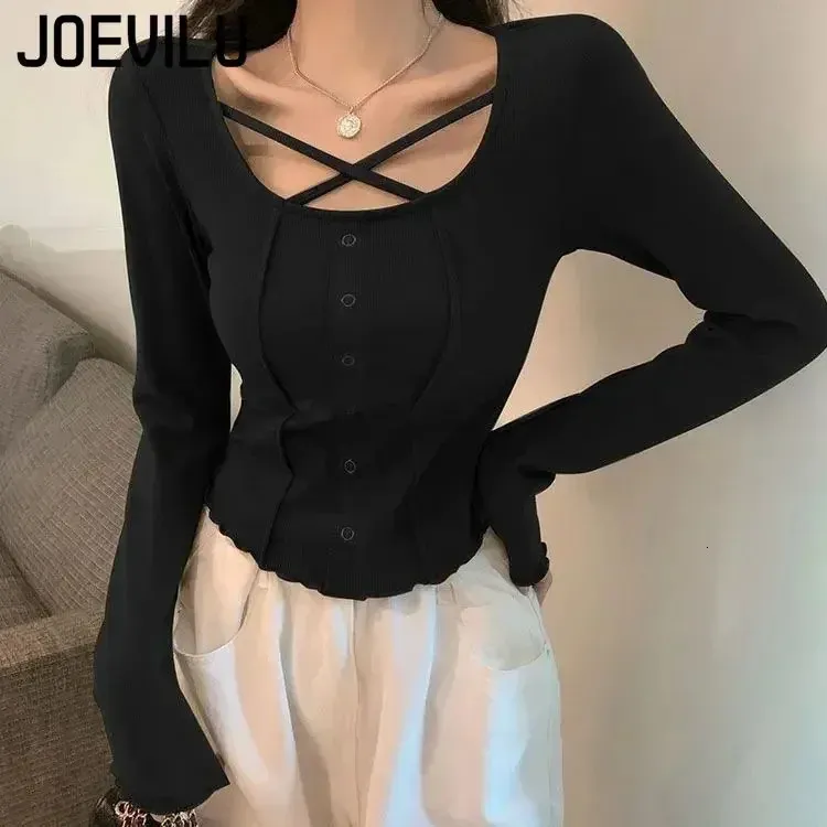 Cross Exposed Collarbone Long Sleeved T-shirt Womens Slim Open Navel Crop Tops Spring and Autumn Patchwork Korean Sexy Y2k Tee 240315