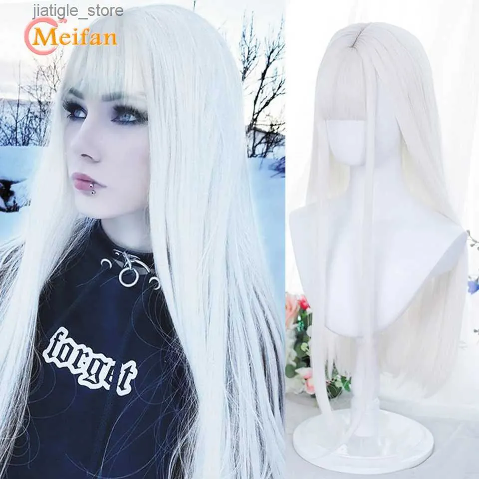 Syntetiska peruker meifan syntetiska långa raka vita peruker med lugg lolita cosplay harajuku peruk rosa blond söt peruk för kvinnor dagligen slitage peruk y240401