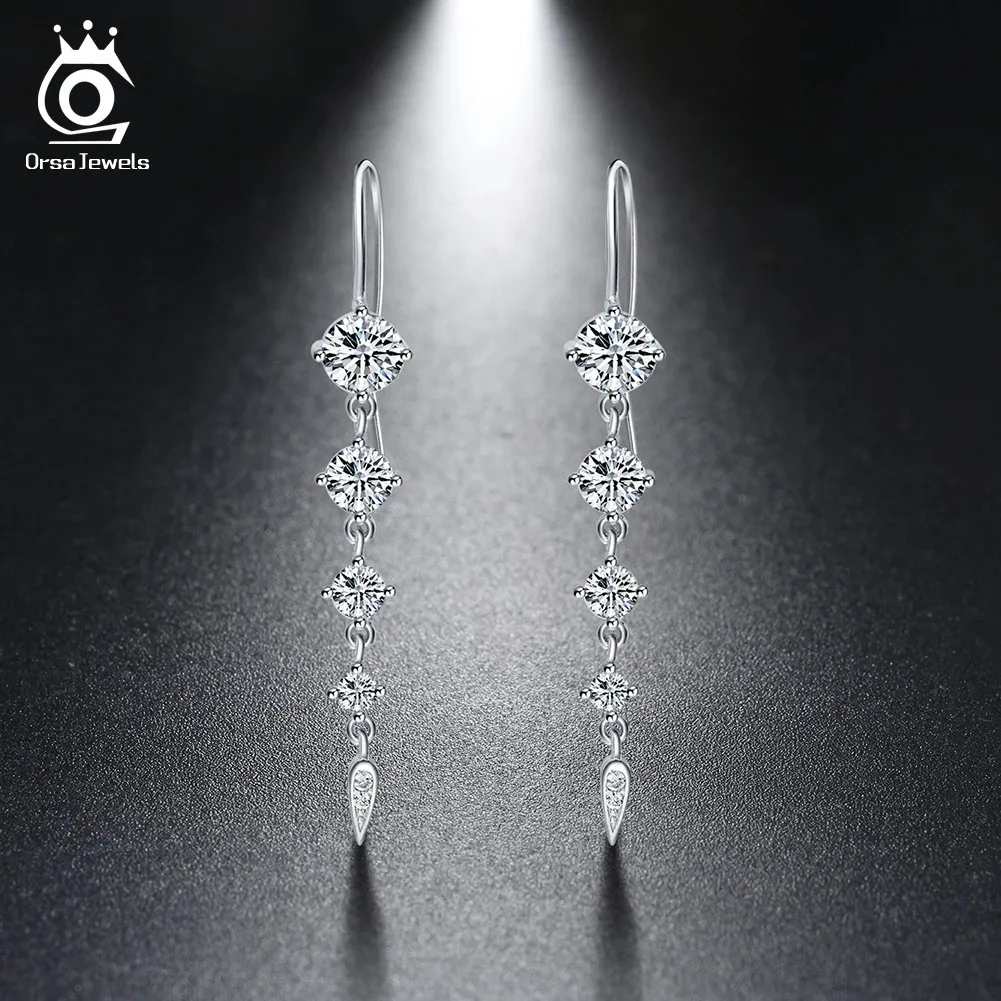 ORSA JEWELS Pure 925 Sterling Silver Earrings Women Long Dangle AAA CZ Trendy Jewelry Christmas Gifts For Girls SE52 240401