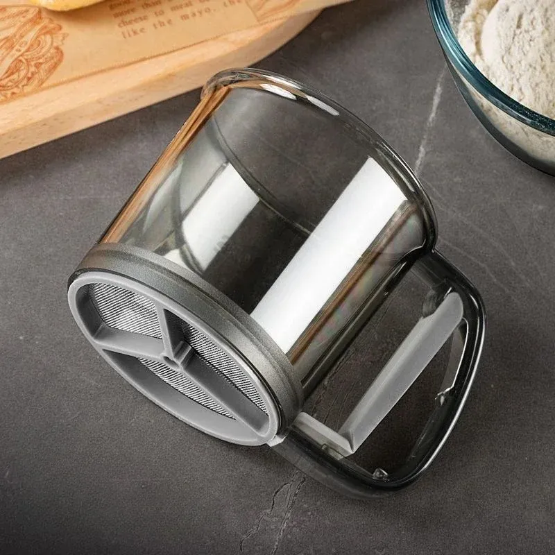Kök mjölsikt handhållen halvautomatisk socker sifter pulver skakare handtag mätning kopp tillverkning verktyg bakning kök verktyg
