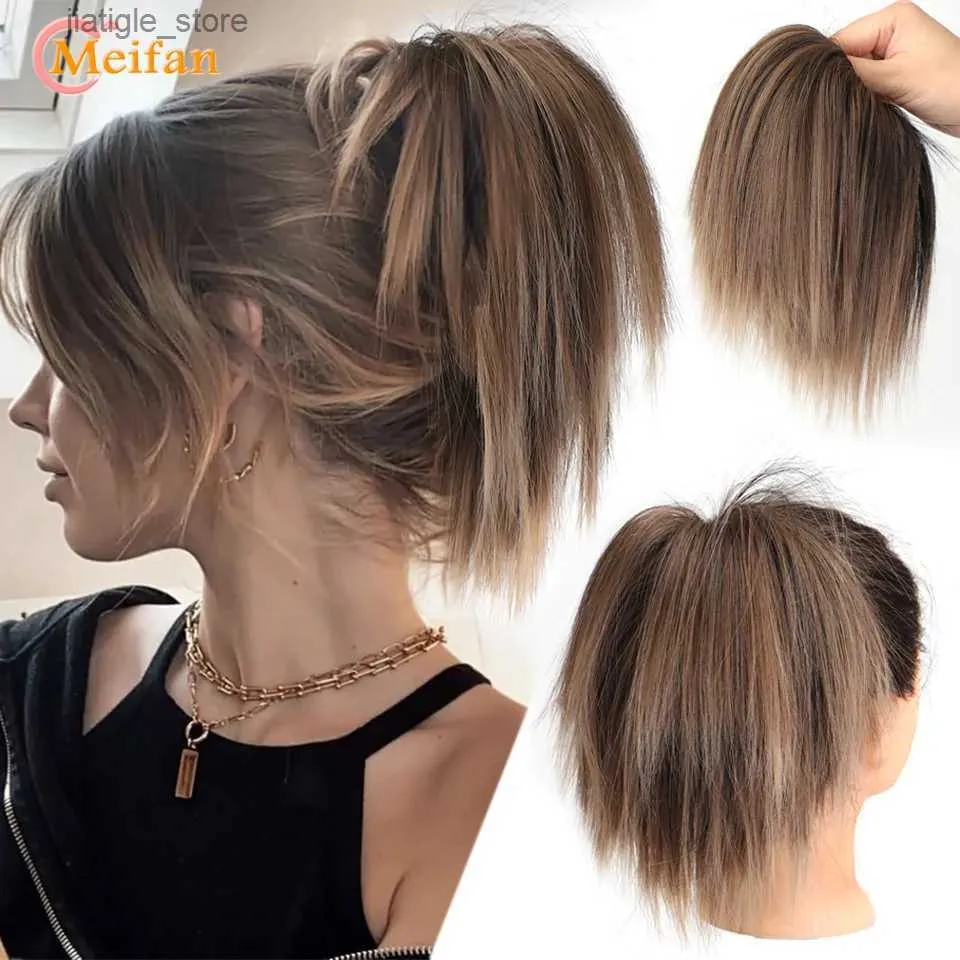 Synthetic Wigs MEIFAN Synthetic Straight Chignon Messy Fluffy Hair Bun Elastic Band Hair Pieces Scrunchy Wrap Updo False Ponytail Y240401