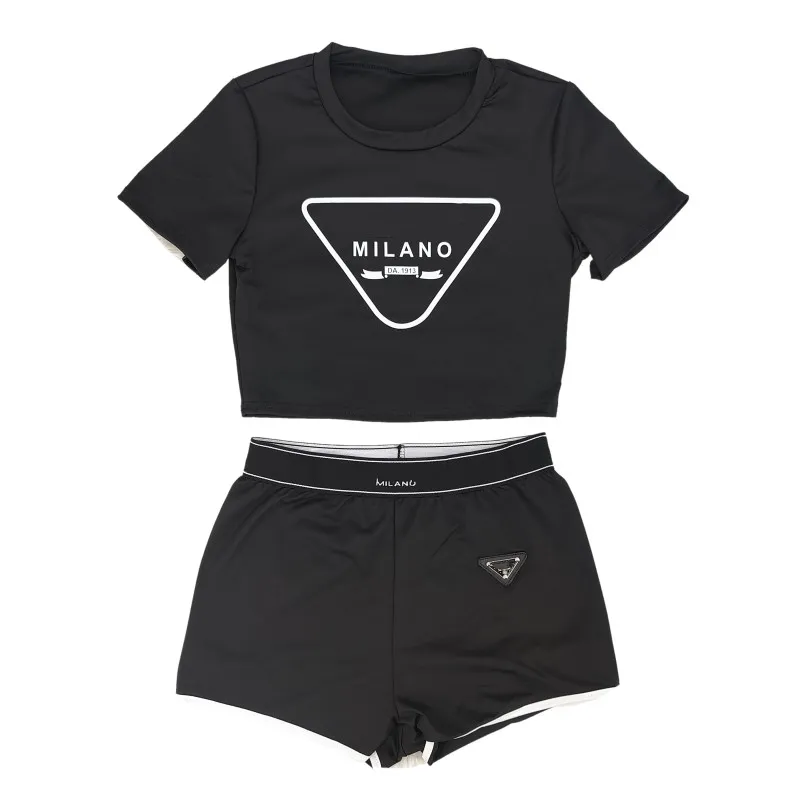 Femmes Survêtements Designer Deux Pièces Ensemble Lettre Imprimer Nombril Nu Sexy T-shirt À Manches Courtes Short Costume De Sport Décontracté Col Rond Tenues Costume De Jogging Solide