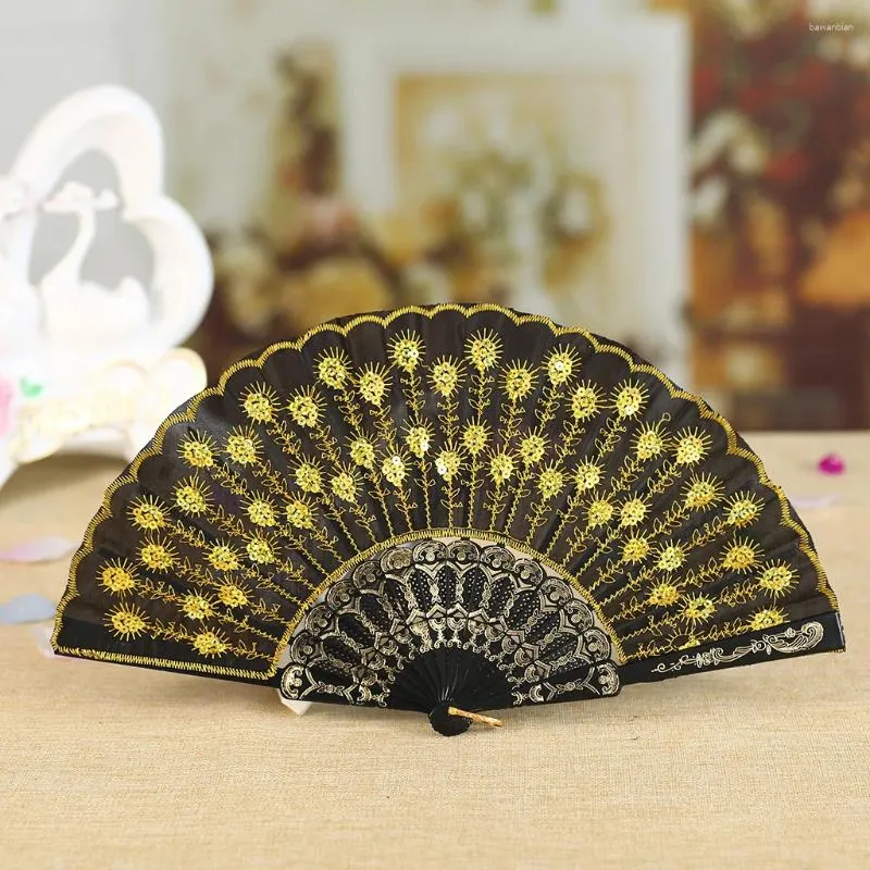 Dekorativa figurer Fällbara fans Peacock Feather Printed Chinese Style Dance Wedding Hand Lace Held Flowers Abanico 2024 Drop Ship