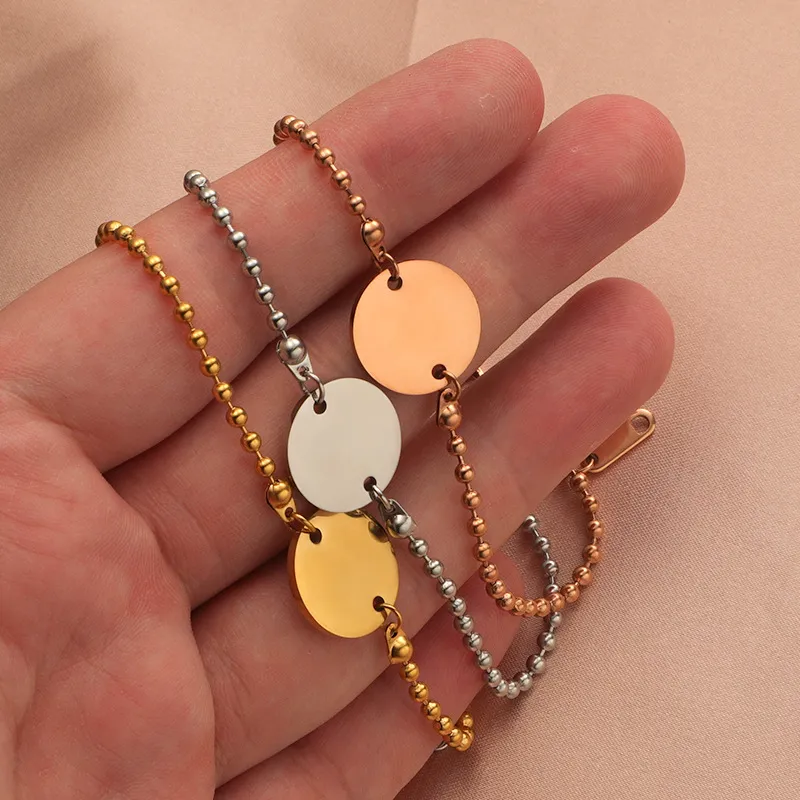 Bracelet en chaîne de perles plaqué argent et or pour hommes et femmes, rond en acier inoxydable pour Laser, vente en gros