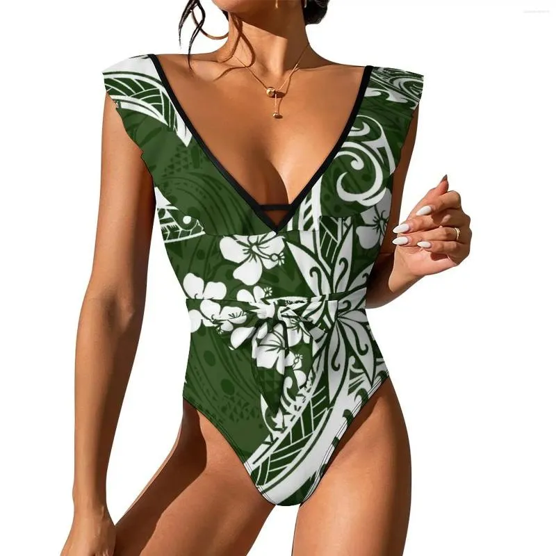 Kvinnors badkläder Polynesiska tryckstödet Back Cut One-Piece Swimsuit Lotus Leaf Deep V Necklinje Elegant 2024 Lårhög sexig bikini