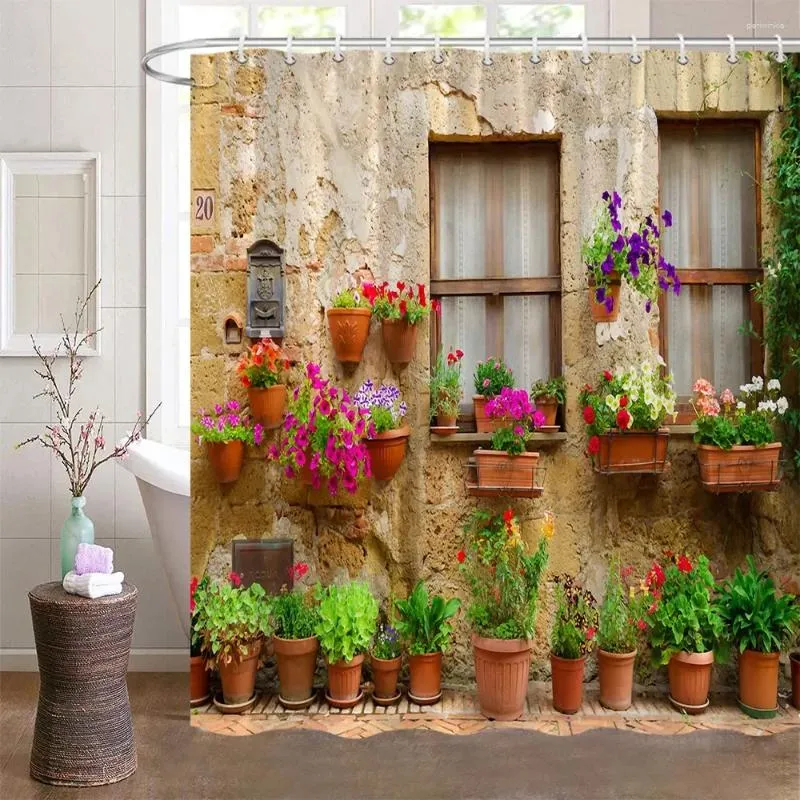 Rideaux de douche Rideau de style ferme Jardin en pot Plantes vertes italiennes Vintage Windows Méditerranée Grèce Scène Salle de bain Décor