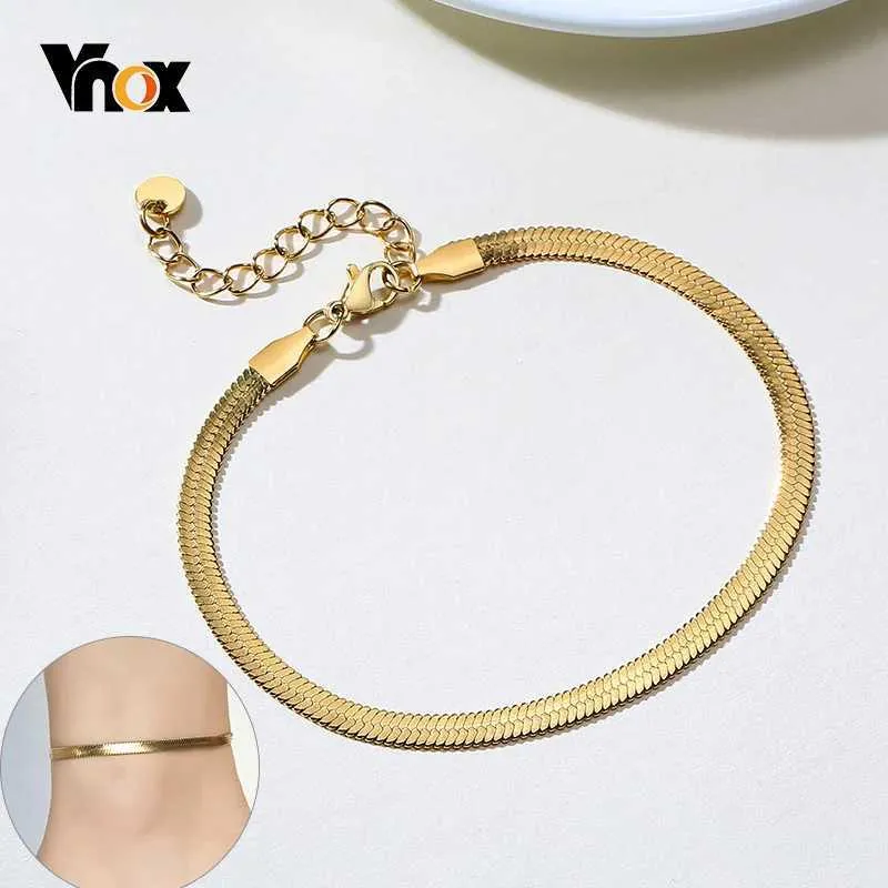 Kette Vnox Elegante flache Schlangenkette Fußkettchen für Frauen Goldfarbenes Metall Verstellbare Fischgräten-Gliederkette Urlaub Strand Dame Schmuck Q240401