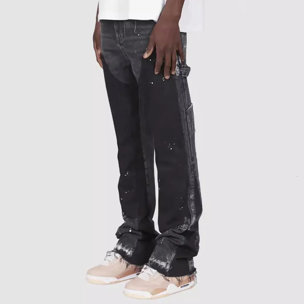 Mens Stretch Denim Flare Jeans with Painting Patches - Baggy