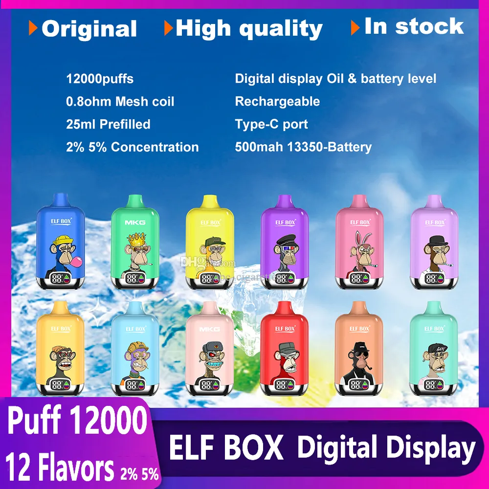 Новый Puff 12000 Elf Box 12000 Puff Vapes Ondayable Puff 12k Digital E Cigarette Vaper 25ml Предварительная сетчатая катушка Vape Electronic Cigs Перезаряжаемая паром ручка