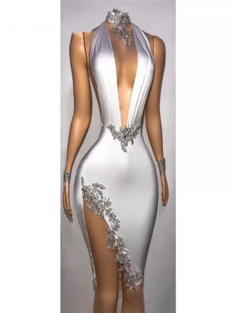 Petite robe blanche sexy robes de bal courtes appliques de perles robe de soirée sirène mini robe de cocktail fente haute retour Go5729334