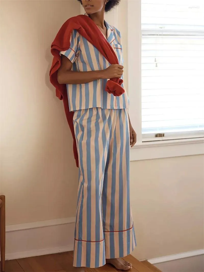 Ubranie domowe kobiety w paski 2 -częściowy piżama zestaw guziki z długim rękawem bluzka szerokie nogi spodni Zestawy letnia moda na sole.