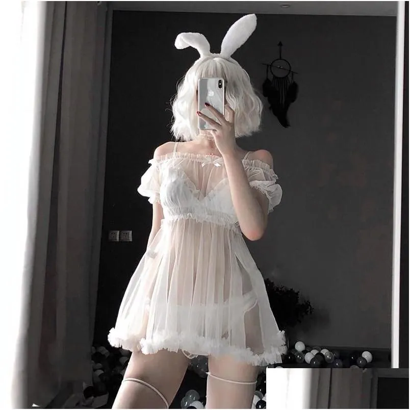 Womenka dla kobiet kawaii koronkowa babydoll y bajorka piżama zestaw dla kobiet koszulki nocnej tle pokusa patrz przez sukienkę erotyczną cosplay upuść dhulw