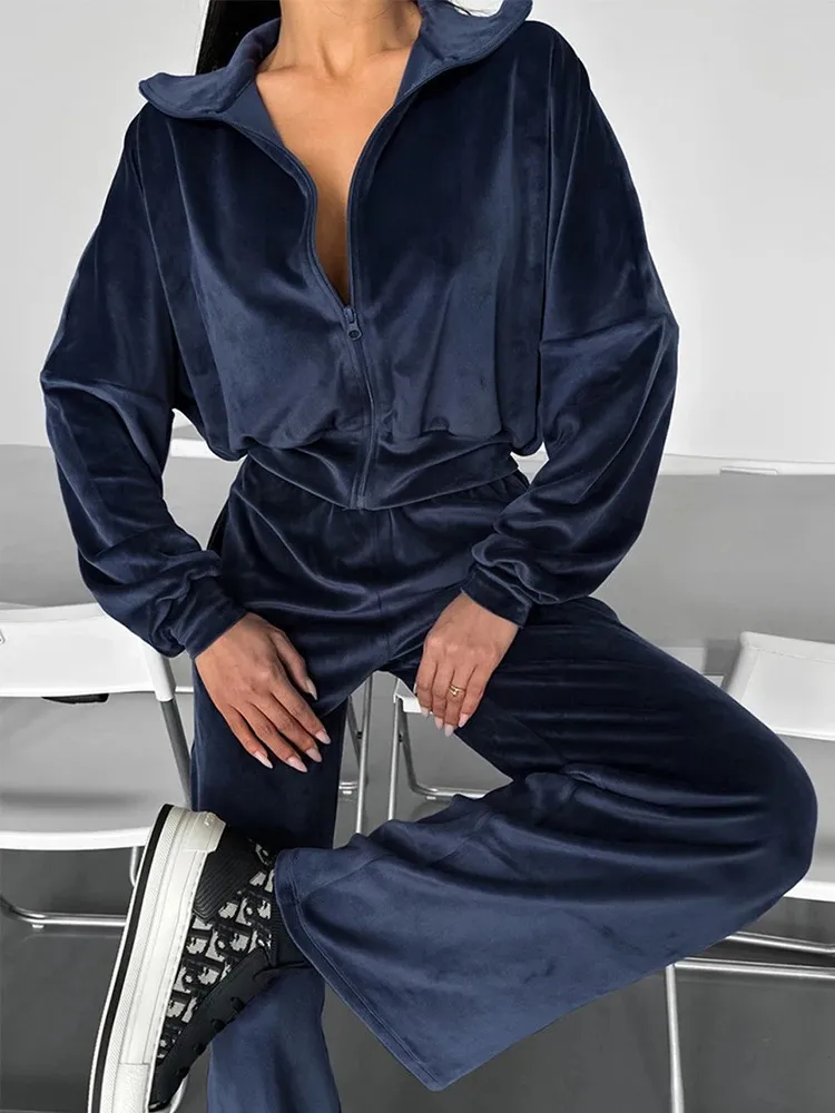 Ladies Tracksuit Set Womens Velvet Loungewear Outfit, Long Sleeve