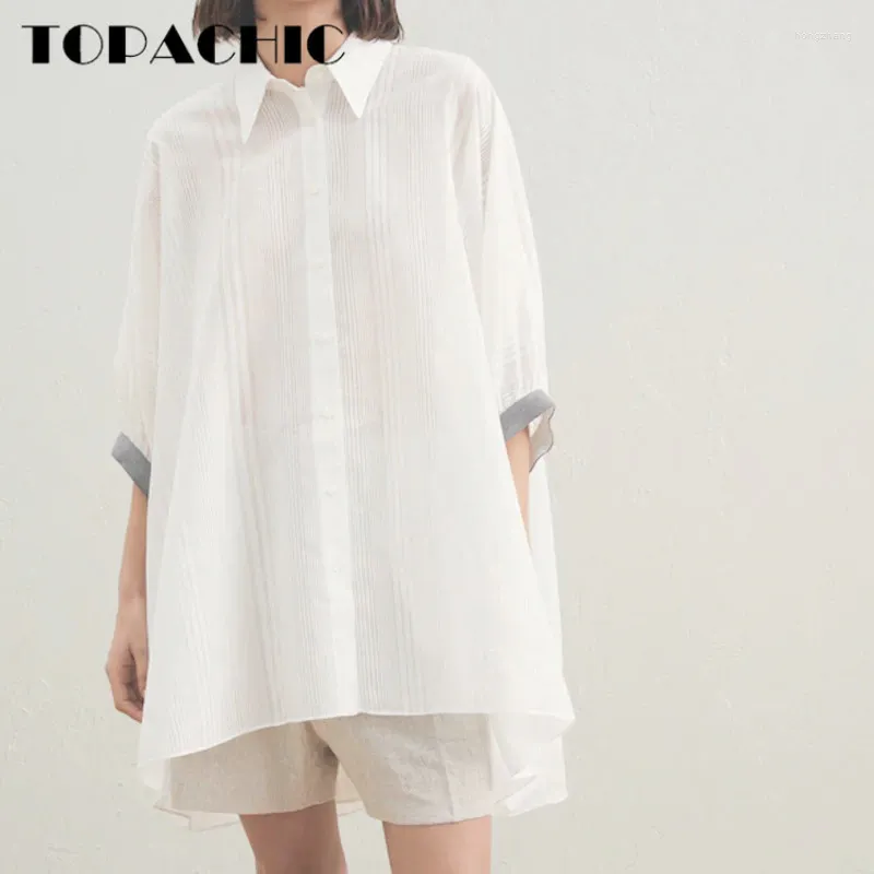 Blusas femininas 6.13 de alta qualidade listrada brilhante seda manguito miçangas decoração solta longa camisa branca mulheres